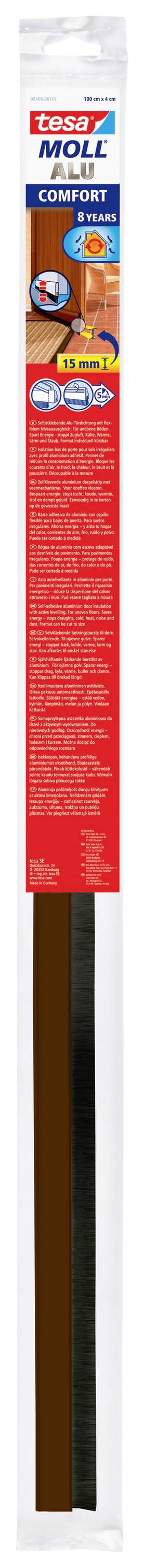 'LUX MONT Dichtungsband, selbstklebend, braun' auf weißer Verpackung. Enthält Produktabbildung mit Installationsanleitung.