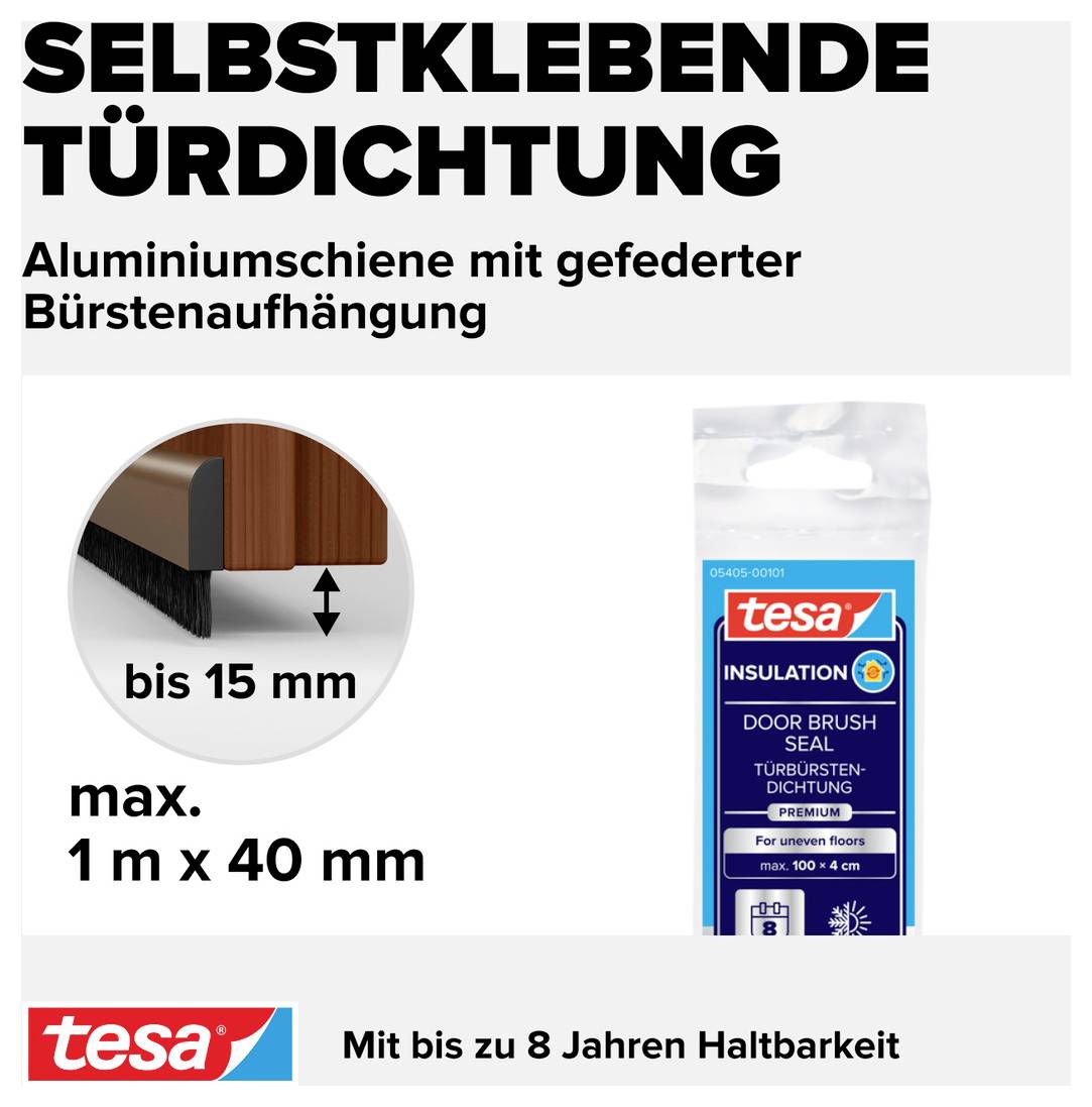 'Selbstklebende Türdichtung,' Aluminium mit gefederter Bürstenaufhängung, max. 1 m x 40 mm, Haltbarkeit bis 8 Jahre, Marke: tesa.