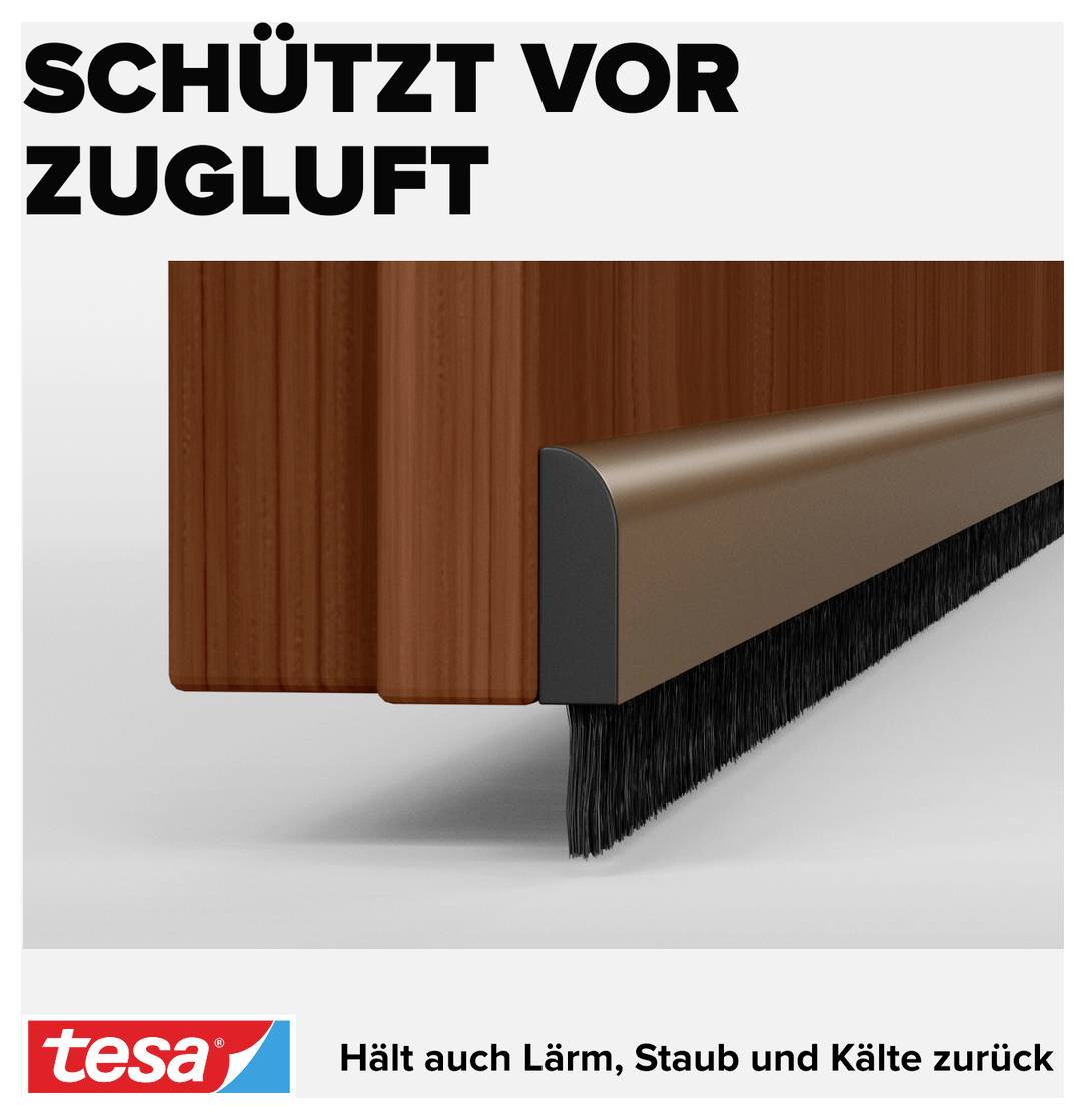 Abbildung eines Türdichtungsstreifens mit der Beschriftung: 'Schützt vor Zugluft'. Markenname und Slogan unten.