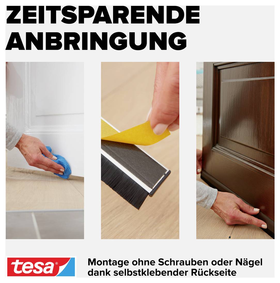 Drei Fotos zeigen die zeitsparende Anbringung von Dichtungen mit selbstklebender Rückseite an Türen durch tesa-Produkt.