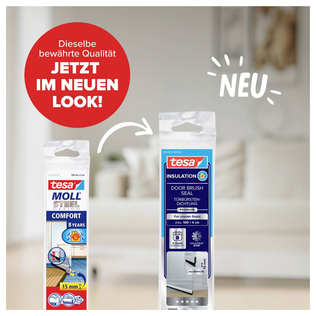 Tesa MOLL Dichtung jetzt im neuen Look! Komfort für 8 Jahre. Türbürstendichtung 100 cm x 40 mm, ideal für Isolierung gegen Kälte und Zugluft.