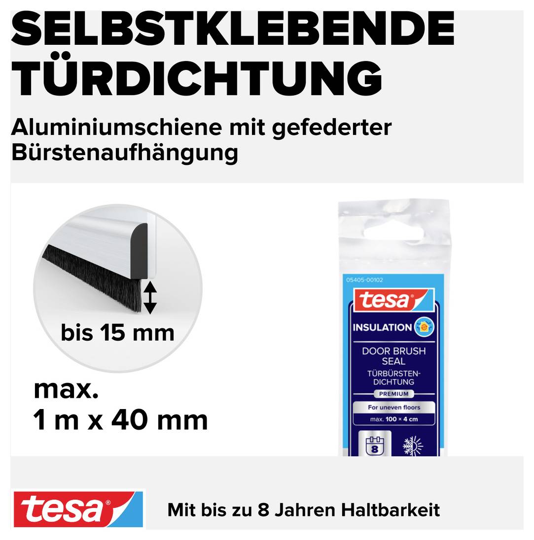 Selbstklebende Türdichtung mit Aluminium und federnden Borsten, bis 15 mm Spaltabdeckung. Maße: max. 1 m x 40 mm. Haltbarkeit bis 8 Jahre.