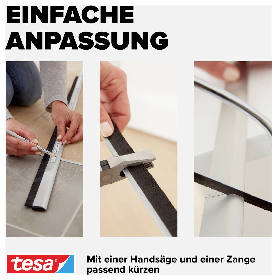 Drei Schritte zur einfachen Anpassung einer Türbürste: Messen, Sägen mit einer Handsäge, Befestigen. Markenlogo unten links.
