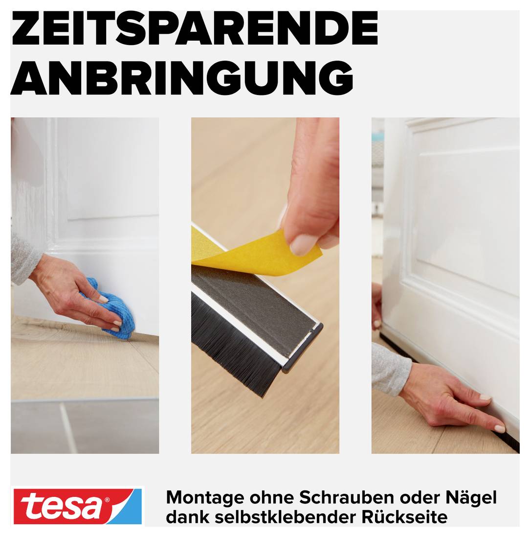 'Zeitsparende Anbringung': Drei Schritte zur Montage eines Dichtungsstreifens an einer Tür. Kein Bohren nötig dank selbstklebender Rückseite.