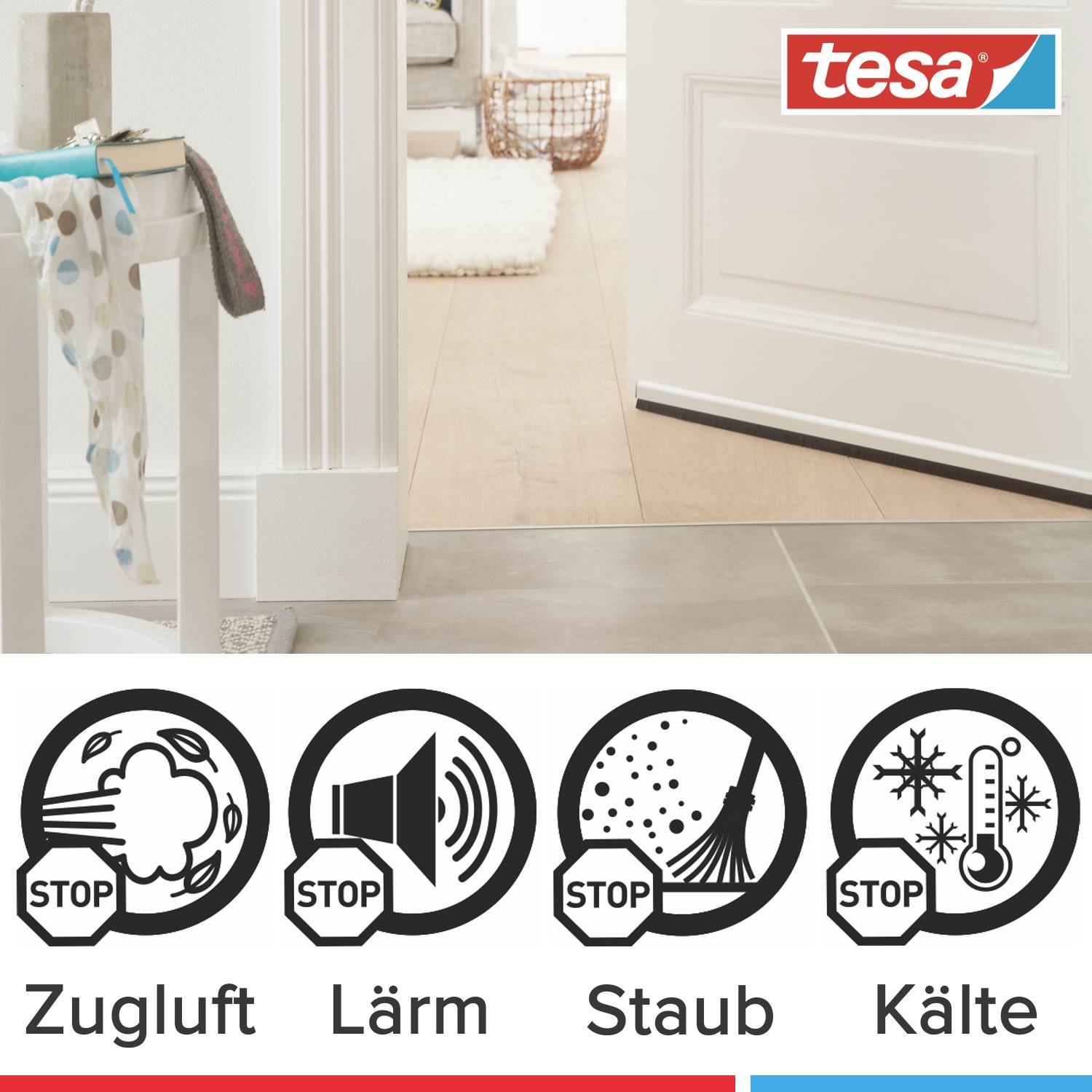Eine offene Tür mit 'tesa'-Logo oben rechts. Symbole unten zeigen Stopps gegen Zugluft, Lärm, Staub und Kälte.