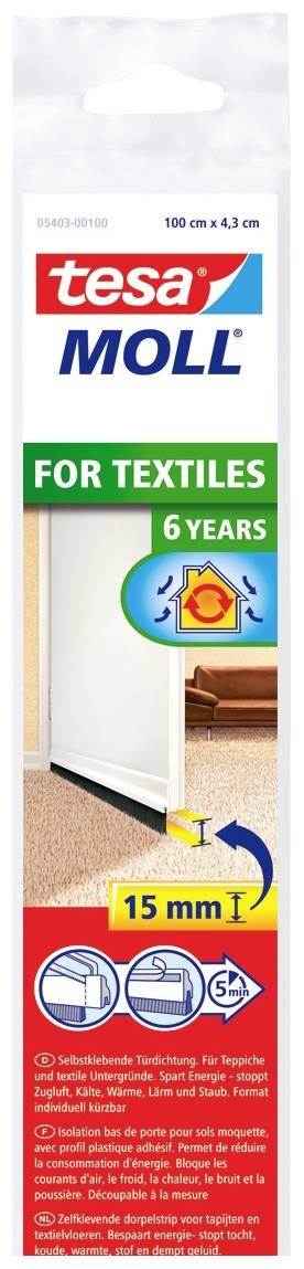Verpackung eines Dichtungsprofils für Türen von 'tesa' mit Text 'FOR TEXTILES 6 YEARS'. Abgebildet ist eine Tür, Pfeile zeigen zur Abdichtung.
