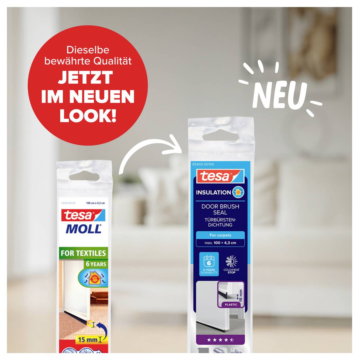 'Dieselbe bewährte Qualität jetzt im neuen Look!' zeigt zwei tesa Produkte. Links: Textil-Dichtung, rechts: Türbürstendichtung.