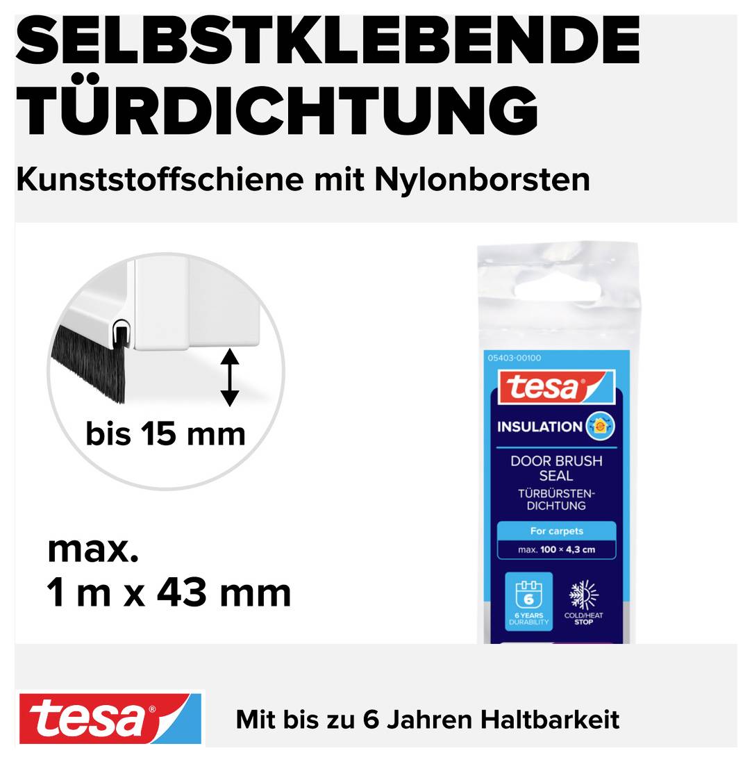 'Selbstklebende Türdichtung mit Nylonborsten', dichtet bis 15 mm Spalt, Maße: max. 1 m x 43 mm, geeignet für Teppiche, Haltbarkeit bis 6 Jahre.