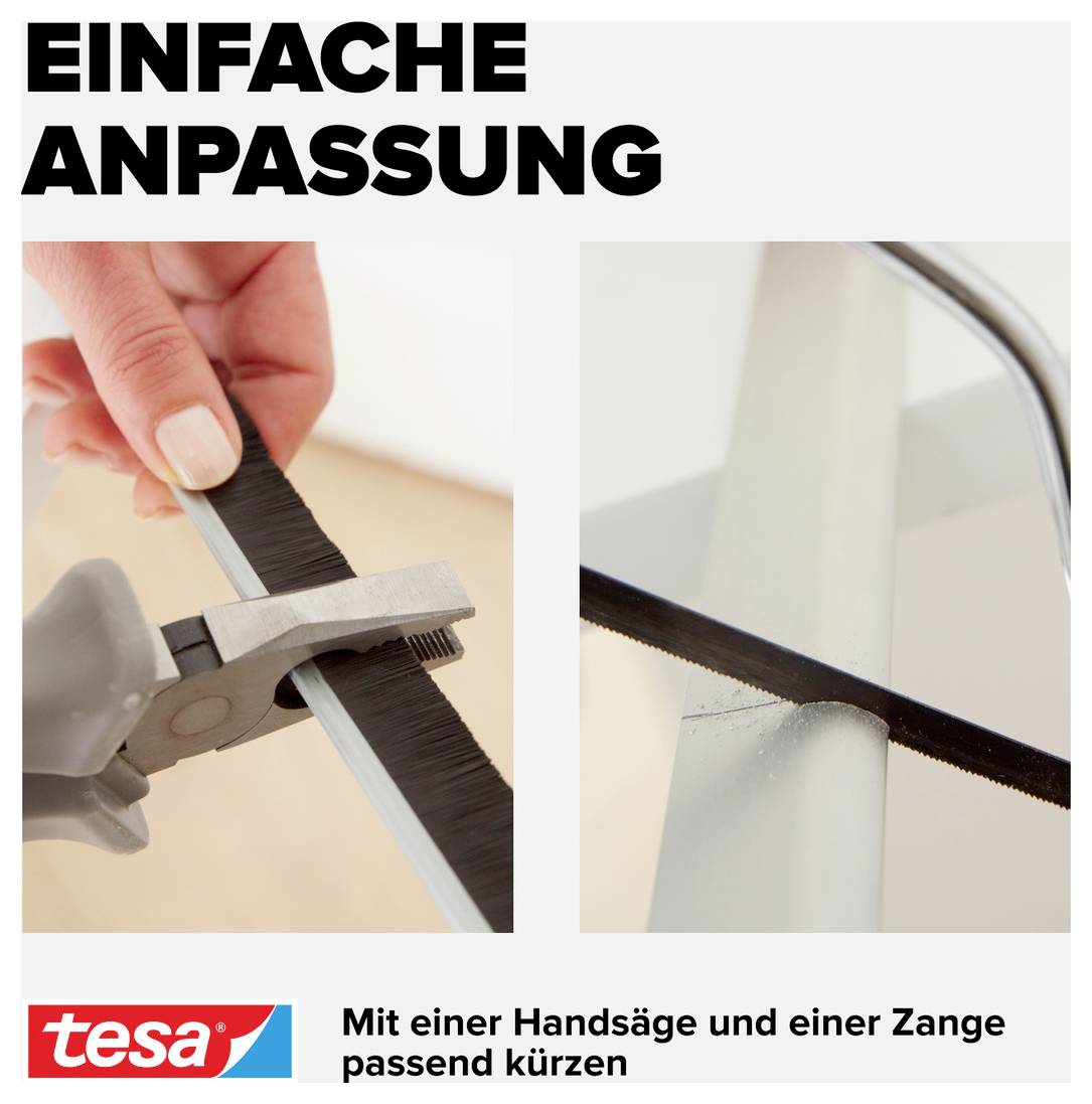 Zwei Bilder zeigen die Anpassung eines Objekts: Schneiden mit Handsäge und Zange. Produkt von tesa unten links im Bild.