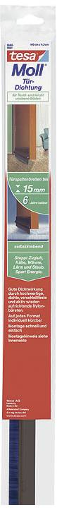Verpackung einer Türdichtung mit der Aufschrift 'tesamoll', zeigt eine braune Dichtungsleiste für 1-15 mm Spalten, enthält zwei Schaumstoffstreifen.
