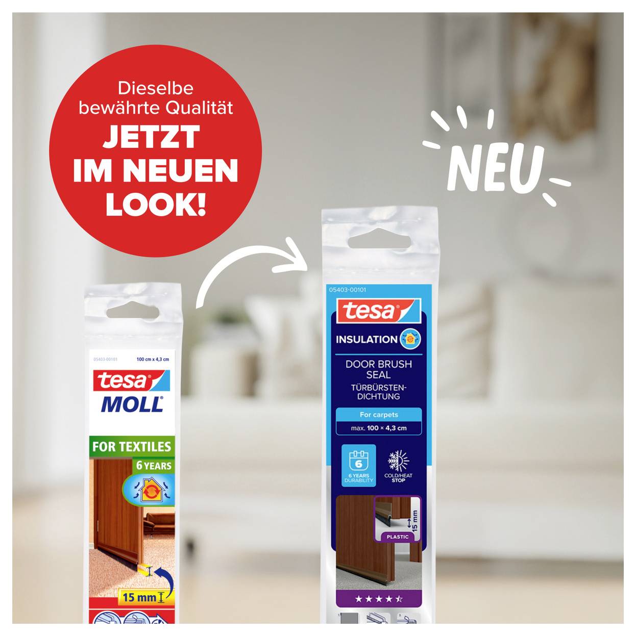 Zwei Verpackungen von tesa Dichtungssystemen, links der alte Look, rechts der neue. Text: Dieselbe bewährte Qualität JETZT IM NEUEN LOOK!
