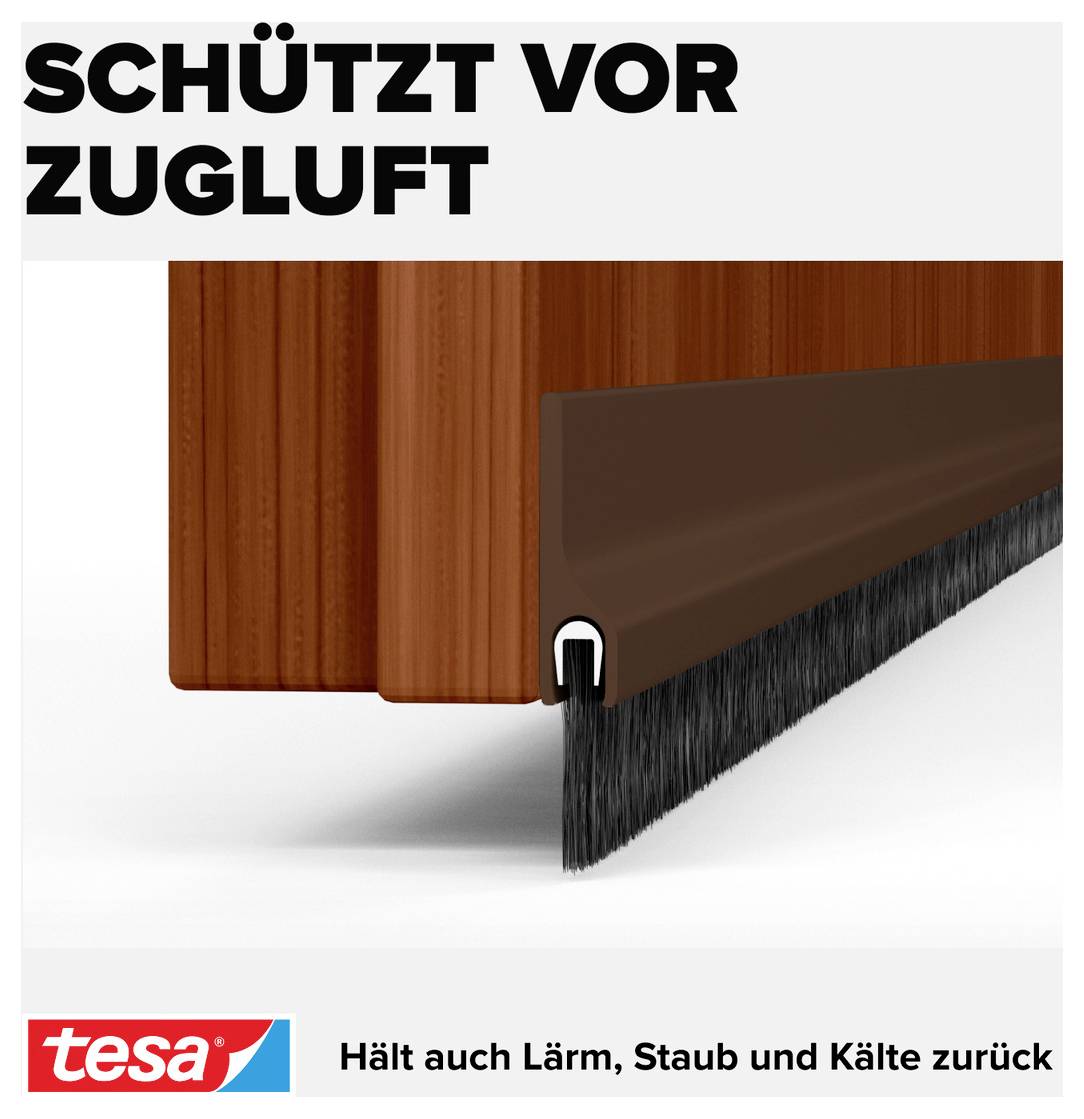 'Schützt vor Zugluft' unter Bild eines Türdichtungsstreifens; verhindert Lärm, Staub, Kälte; Marke Tesa betont.