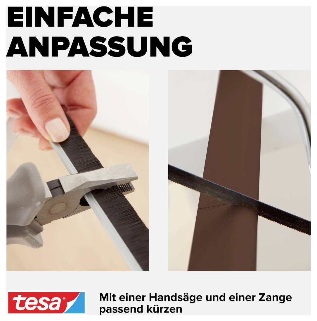 'Ein einfache Anpassung. Mit einer Handsäge und einer Zange passend kürzen.' Eine Person schneidet eine braune Leiste mit einer Zange und sägt.
