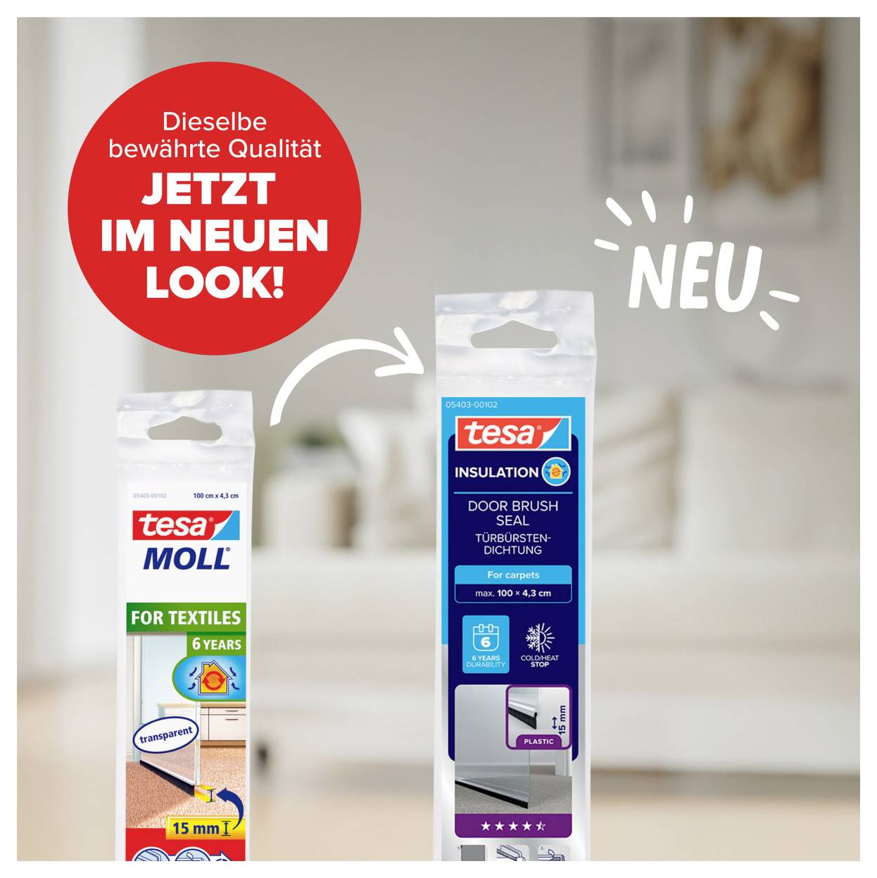 'Zwei Verpackungen von Türdichtungen. Links Textilband für Textilien, rechts neue Türdichtung für Isolierung. Roter Kreis mit Text 