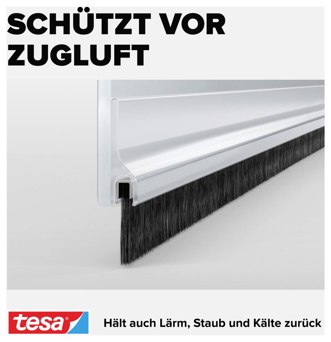 'Schützt vor Zugluft' zeigt eine Türdichtung mit Bürste, die Zugluft, Lärm, Staub und Kälte abhält. Markenlogo unten links.