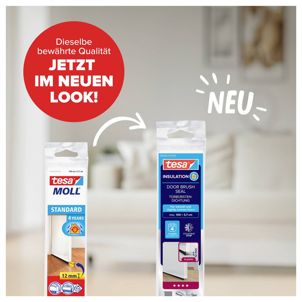 'Neu' und 'bewährte Qualität' auf rotem Hintergrund. Zwei Tesa-Produkte im neuen Design: MOLL Türdichtung und Isolierband.