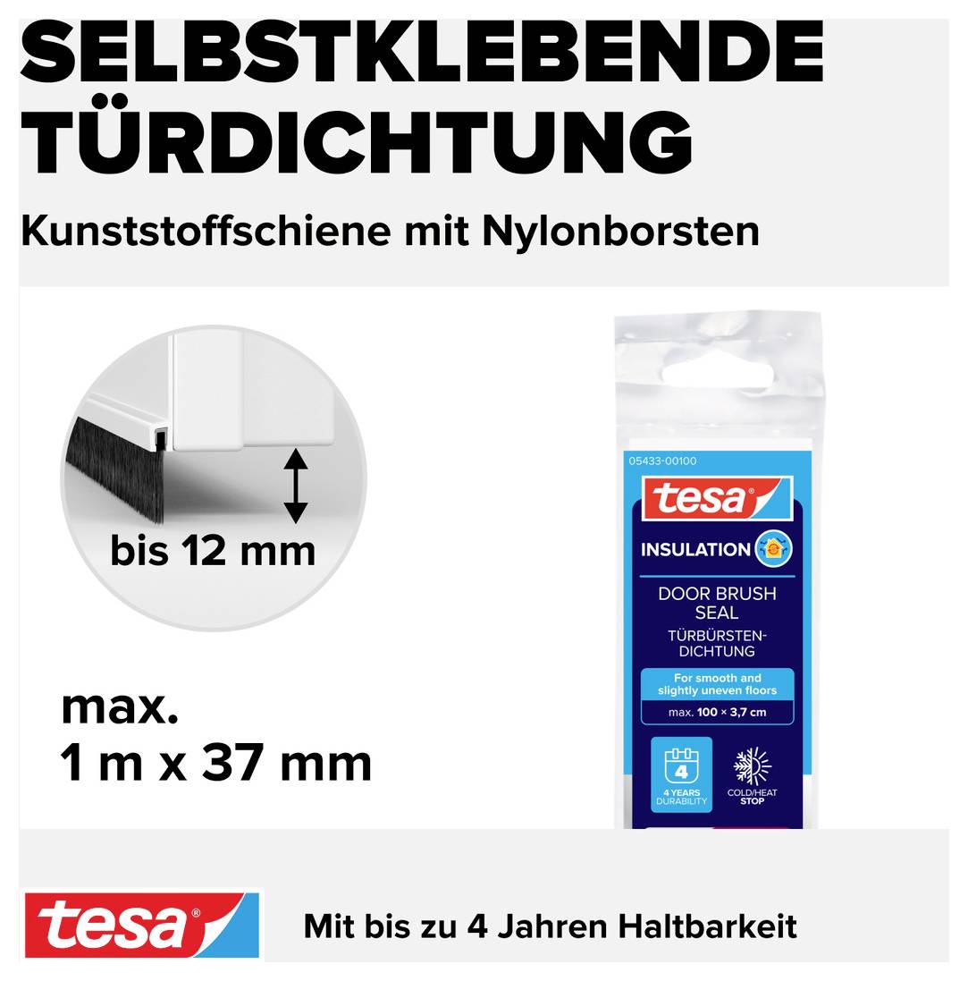 Selbstklebende Türdichtung, Kunststoffschiene mit Nylonborsten, für Spalten bis 12 mm. Maße: max. 1 m x 37 mm, bis zu 4 Jahren Haltbarkeit.
