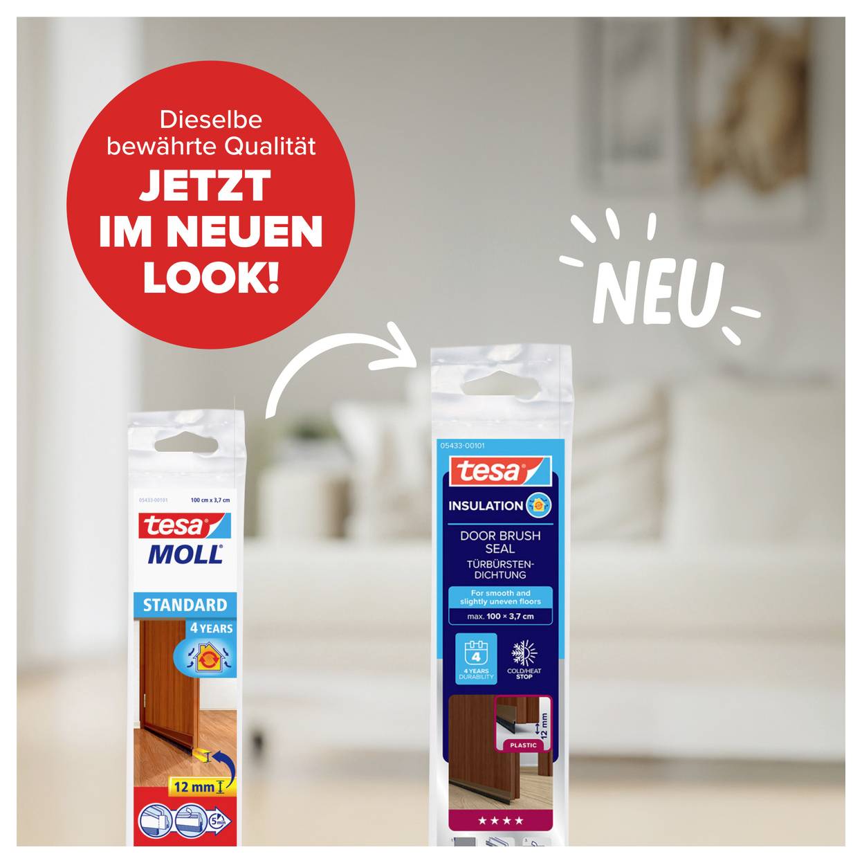 Zwei Tesa-Dichtungen in neuer Verpackung: Tesa Moll Standard für 4 Jahre und Tesa Insulation für Türen mit Temperaturanzeige.