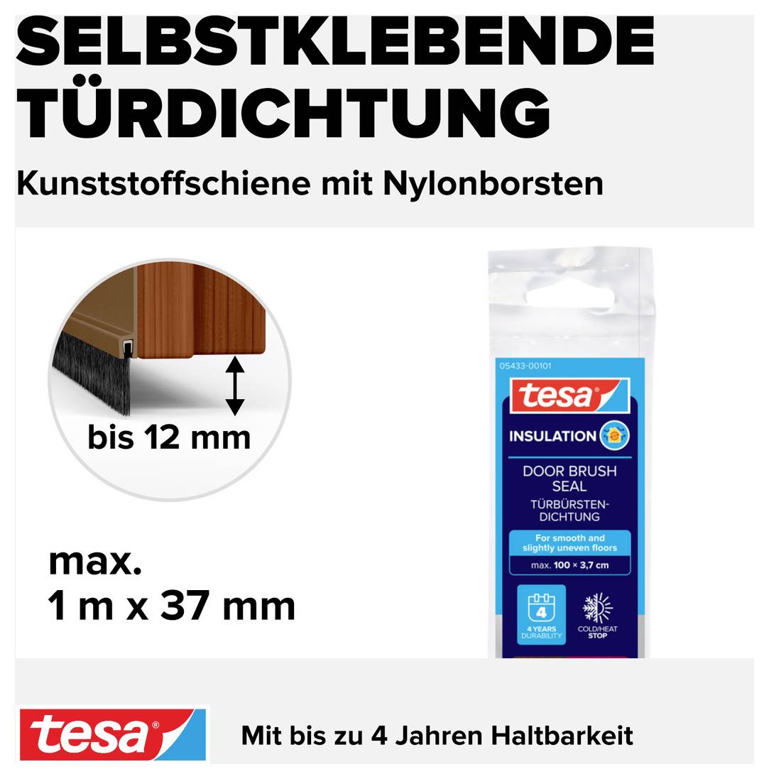 Selbstklebende Türdichtung aus Kunststoff mit Nylonborsten. Bis 12 mm Spalt, max. 1 m x 37 mm, hält bis zu 4 Jahre.