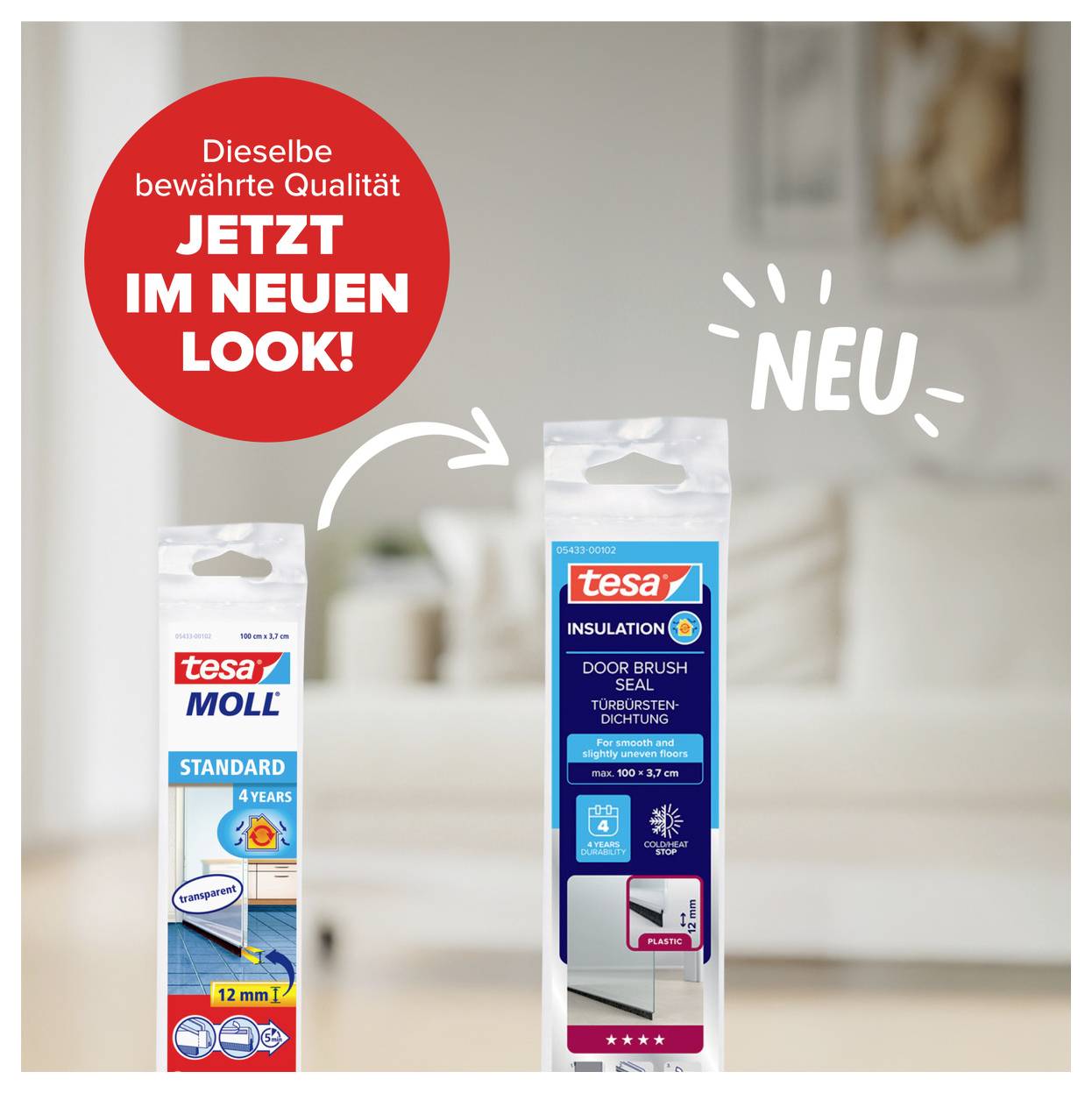 Zwei Packungen Türedichtungen von Tesa: Links Standard, rechts im neuen Aussehen. Beide für Zugluftschutz, halten bis zu 4 Jahre.