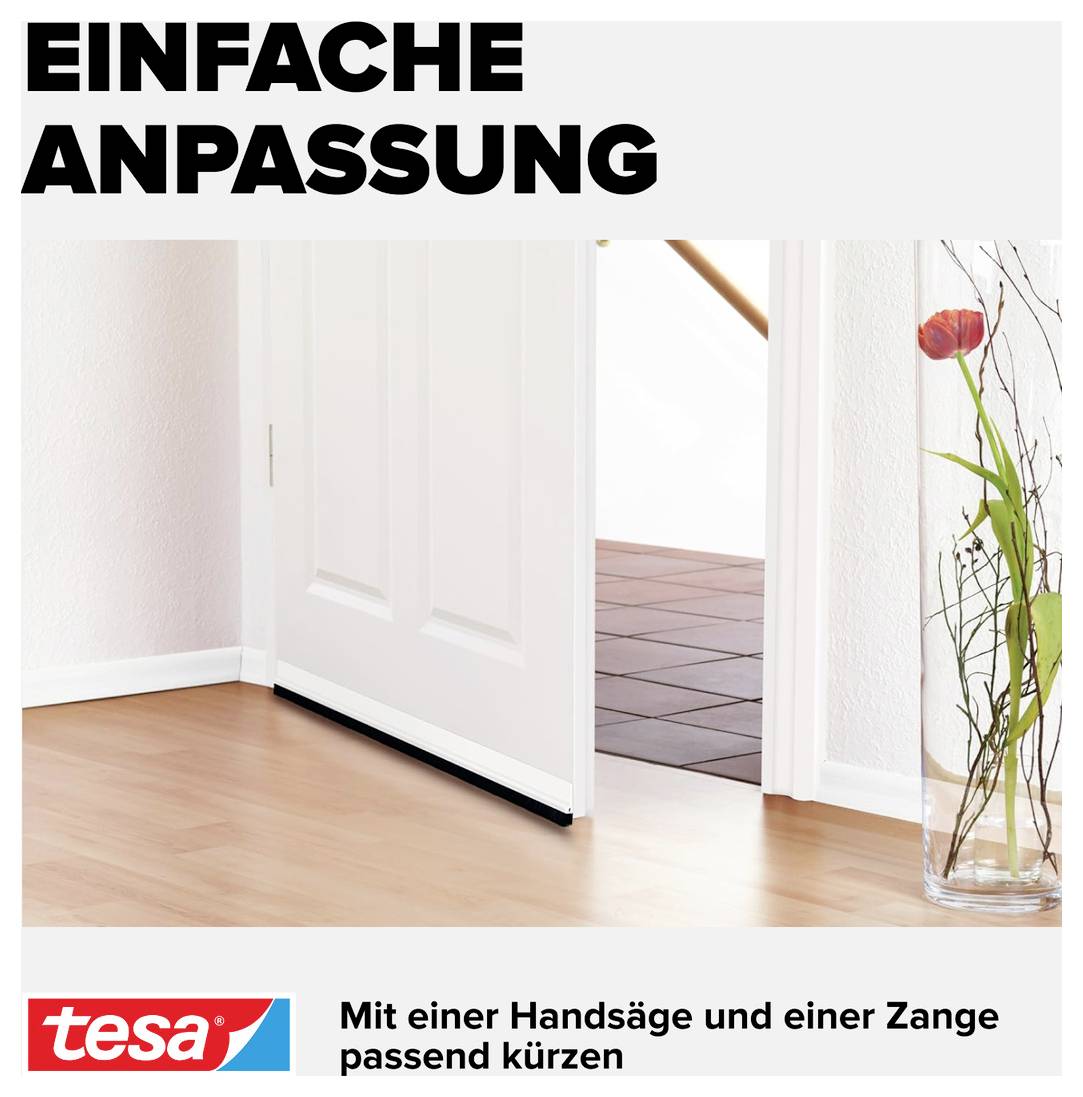 'Einfaches Anpassen' zeigt eine Tür mit einem Dichtungsband am Boden. Text: 'Mit einer Handsäge und einer Zange passend kürzen.'