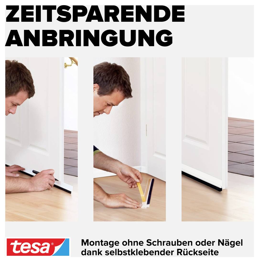 'ZEITSPARENDE ANBRINGUNG' zeigt drei Schritte zur Installation einer Türdichtung ohne Schrauben oder Nägel mit einer klebenden Rückseite.