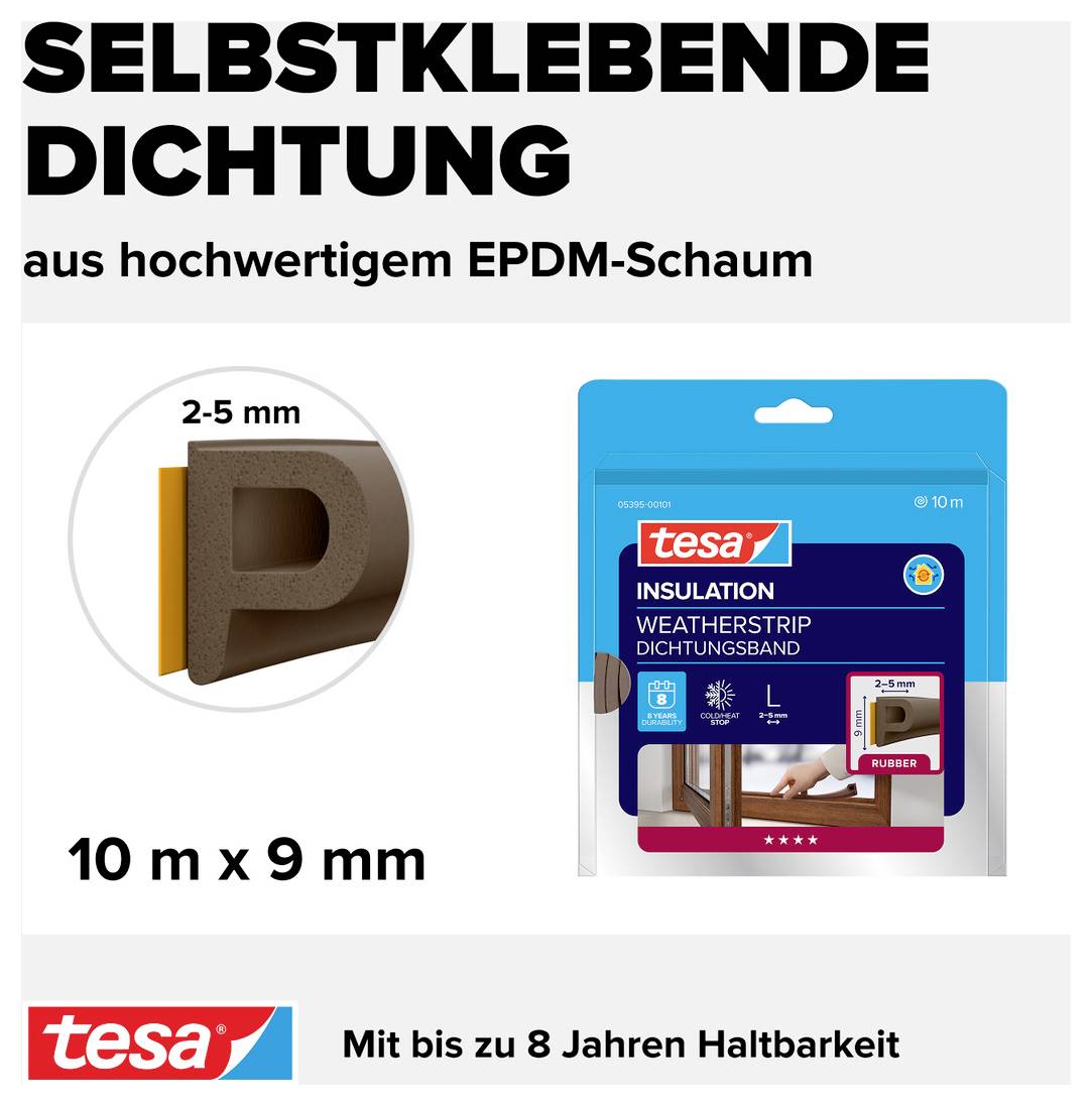 Selbstklebende Dichtung aus hochwertigem EPDM-Schaum, 10 m x 9 mm, hält bis zu 8 Jahre. Geeignet für Fenster und Türen.