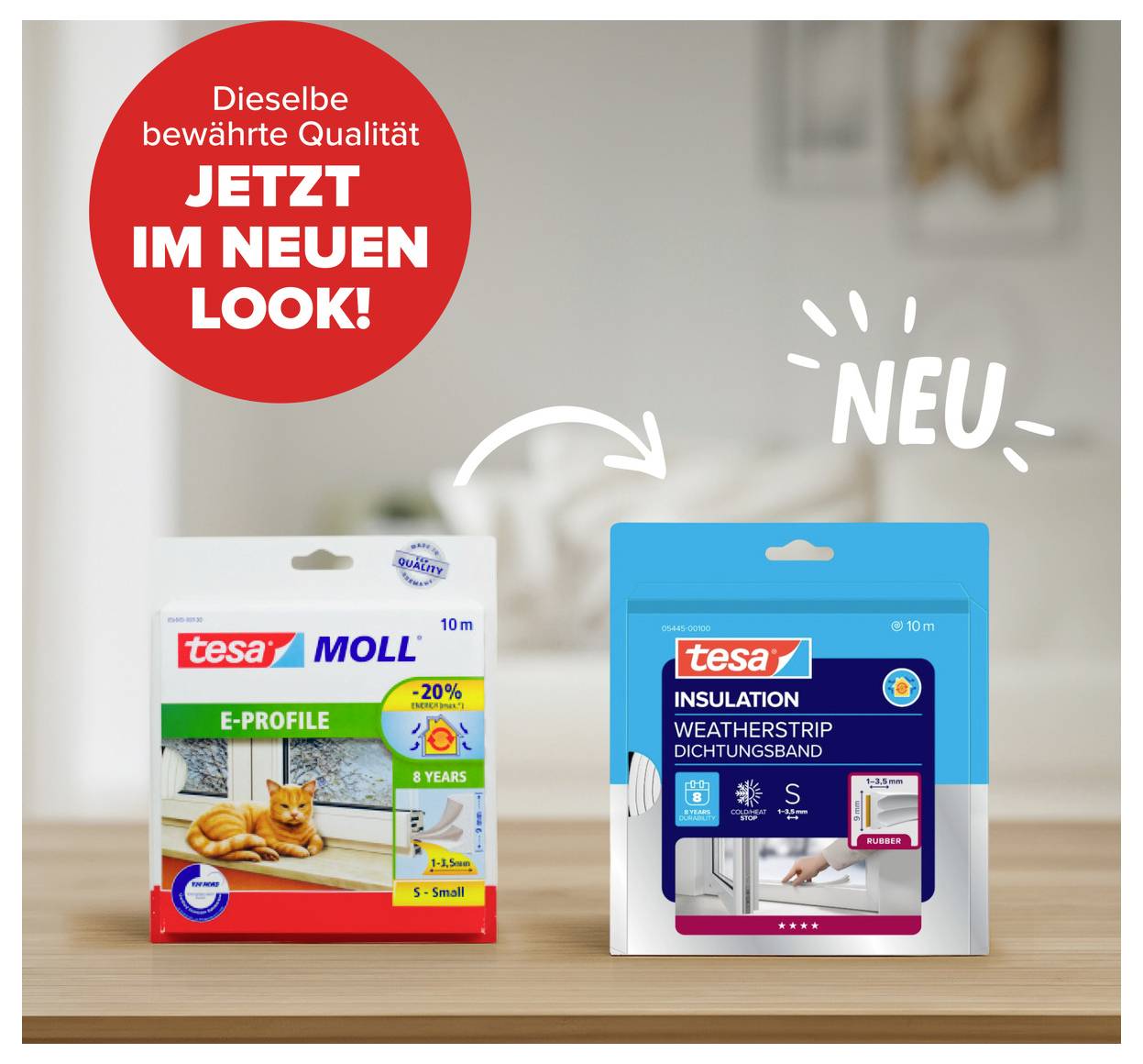 'Zwei Tesa-Produkte im Vergleich: Links 'Moll E-Profile', rechts 'Insulation Weatherstrip'. Text oben: 'Dieselbe bewährte Qualität, jetzt im neuen Look!'.'