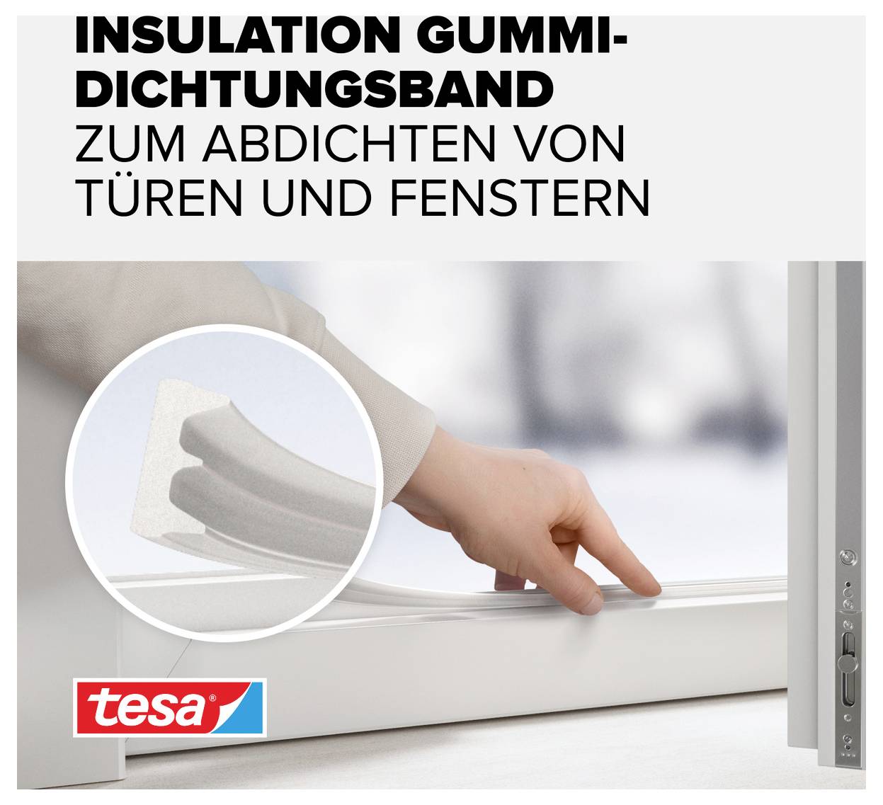 'Insulation Gummidichtungsband zum Abdichten von Türen und Fenstern' zeigt Hand, die Band an Türrahmen anbringt. Tesa-Logo unten.