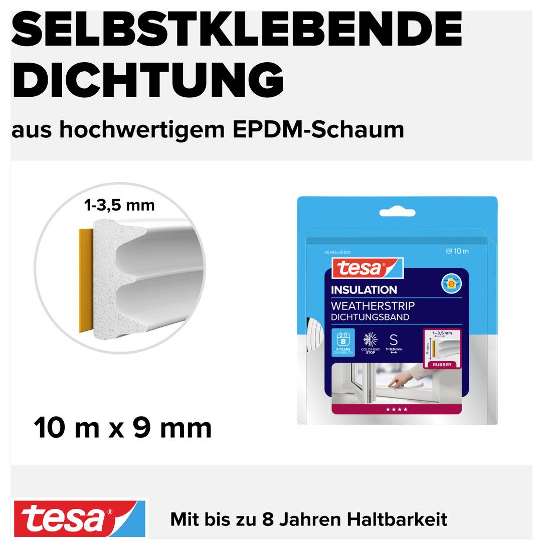Selbstklebende Dichtung aus hochwertigem EPDM-Schaum, 10 m x 9 mm, für Fenster und Türen. Mit bis zu 8 Jahren Haltbarkeit.