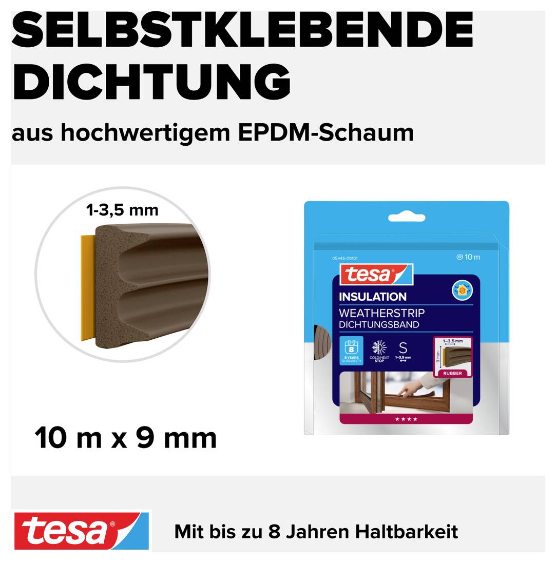 'Selbstklebende Dichtung aus hochwertigem EPDM-Schaum' mit Produktbild, Abmessung 10 m x 9 mm, haltbar bis zu 8 Jahren.