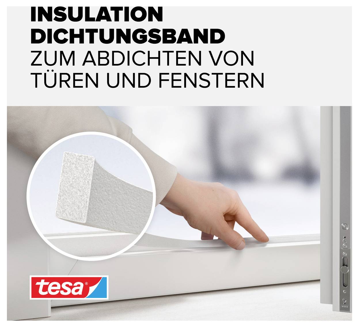 Eine Hand drückt ein Dichtungsband an einen Türrahmen. Text: 'Insulation Dichtungsband zum Abdichten von Türen und Fenstern.'
