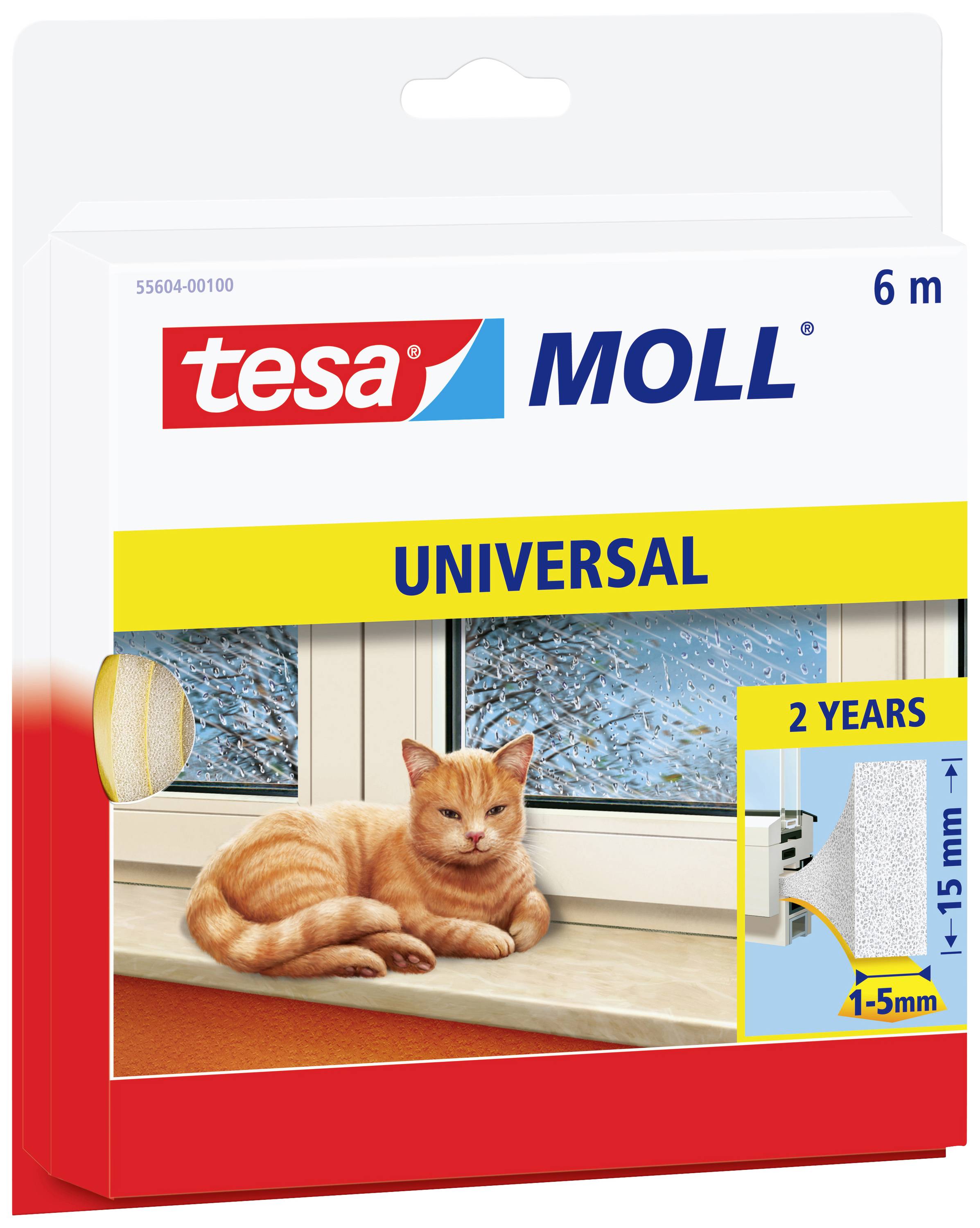 Verpackung der Tesa Moll Universal Dichtungsband. Bild mit roter Katze vor Fenster. Text: '2 Years', '1-5mm', '6 m'.