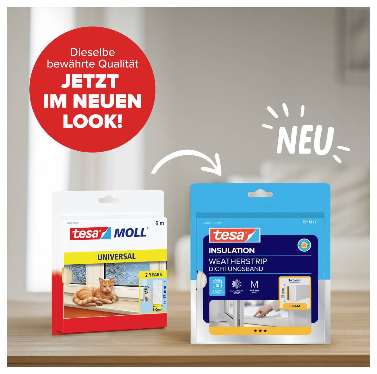 'Verpackungen von tesa: Links, ein weiß-rotes Design für Dichtungsband. Rechts, neues blaues Design mit 