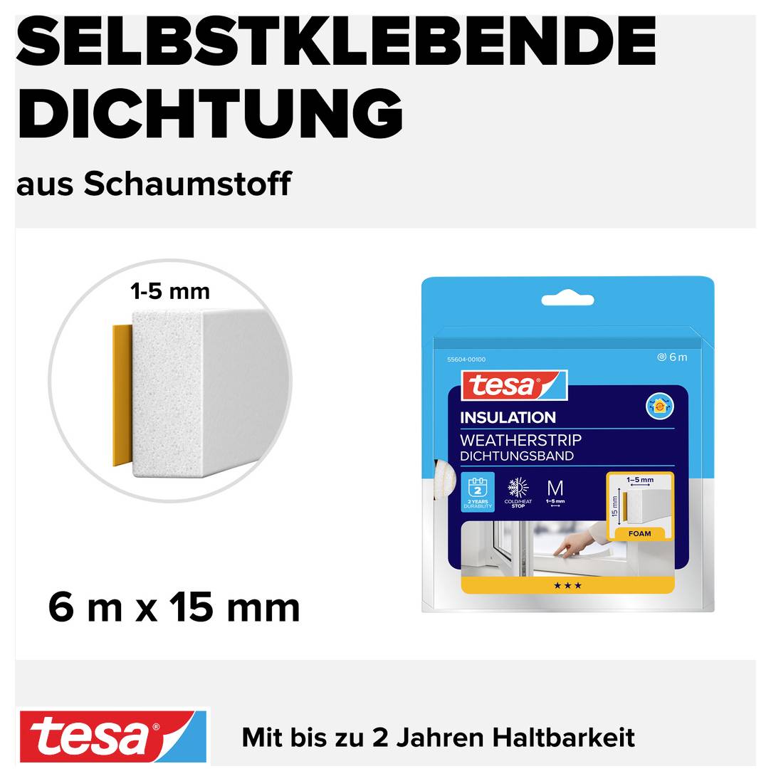 'Selbstklebende Dichtung aus Schaumstoff, 6 m x 15 mm, mit bis zu 2 Jahren Haltbarkeit' und Bild einer Verpackung mit Klebeband.