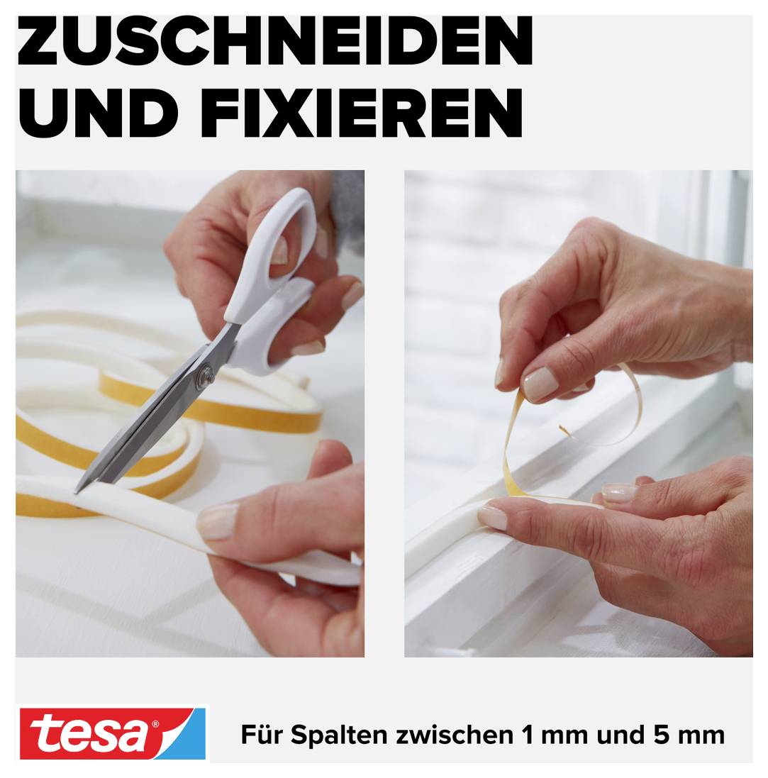 'Zuschneiden und Fixieren': Zwei Bilder zeigen das Schneiden und Anbringen von Dichtungsband mit einer Schere. Für Spalten 1-5 mm.