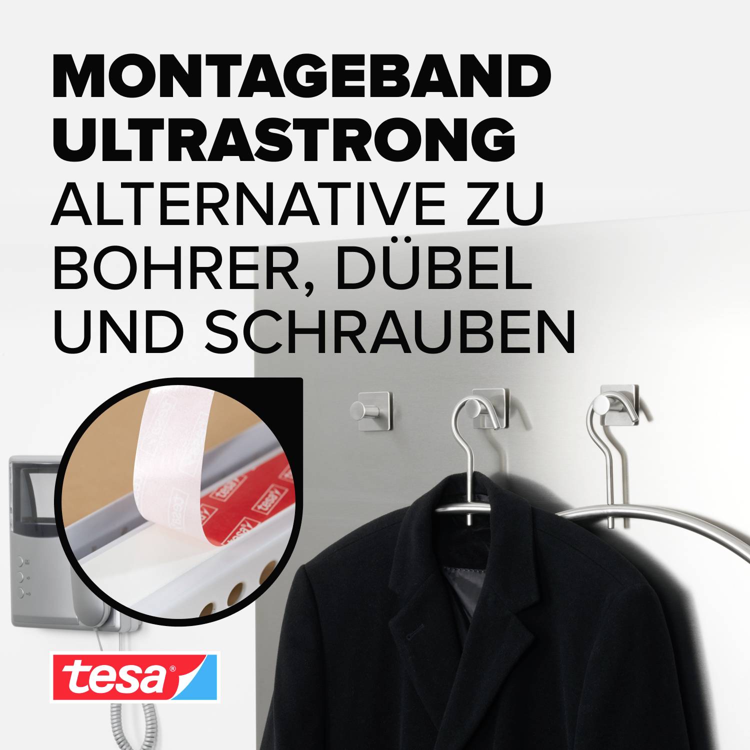 'Montageband Ultralstrong, Alternative zu Bohrer, Dübel und Schrauben.' Ein Mantel hängt an einem mit dem Band befestigten Haken.