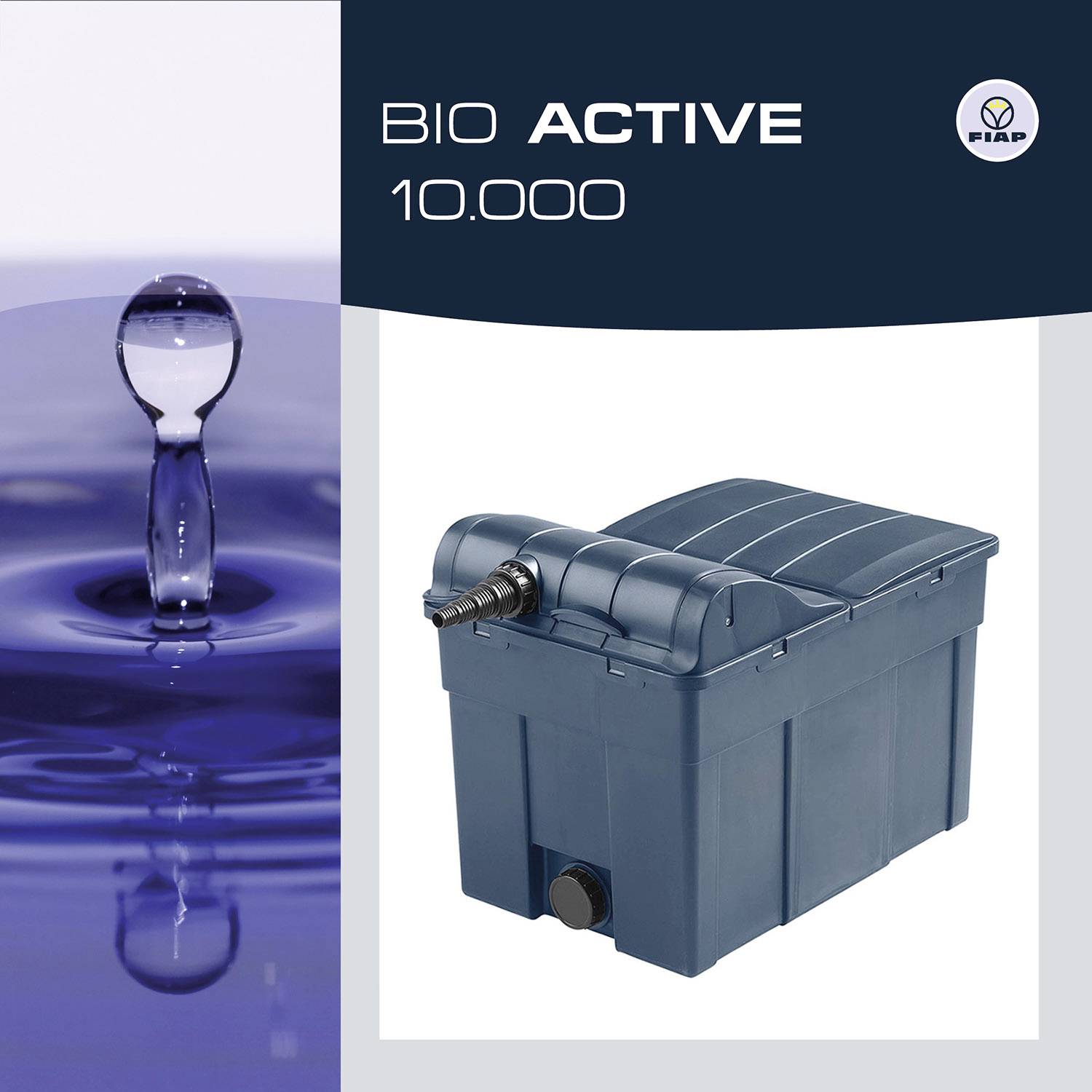 'FIAP Bio Active 10.000' Teichfilter-Abbildung. Eine Wasseraufnahme links; ein blauer Filtertank rechts. Mit FIAP-Logo.