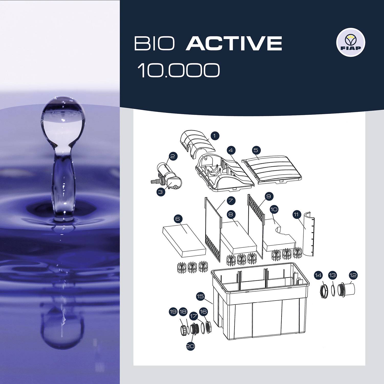 Tropfen in Wasser, daneben technische Zeichnung mit Beschriftungen, die einzelne Teile eines BIO ACTIVE 10.000 Filtersystems zeigen.