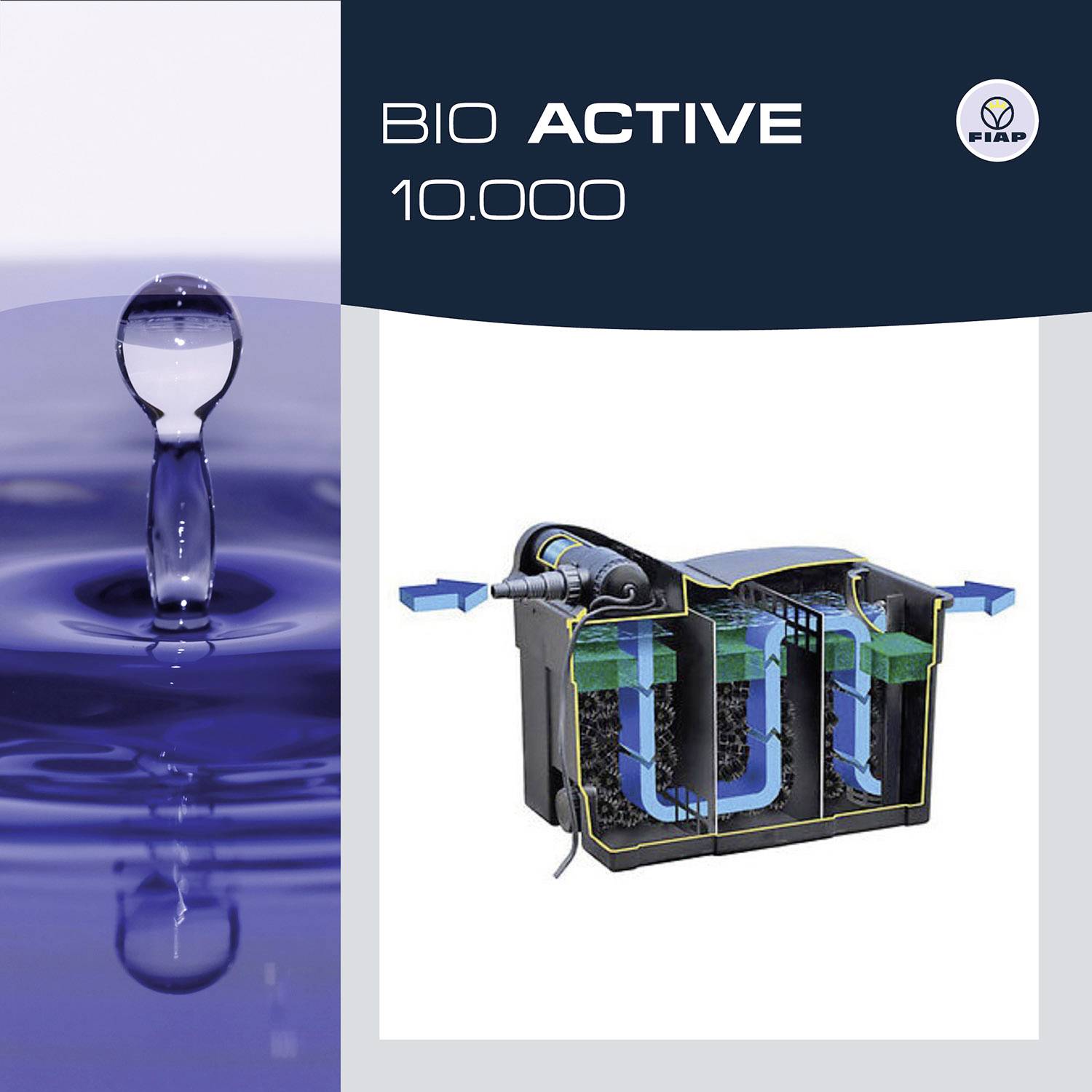 Tropfen fällt ins Wasser. Rechts ein Querschnitt eines Biofiltersystems. Text: 'BIO ACTIVE 10.000', FIAP-Logo oben rechts.