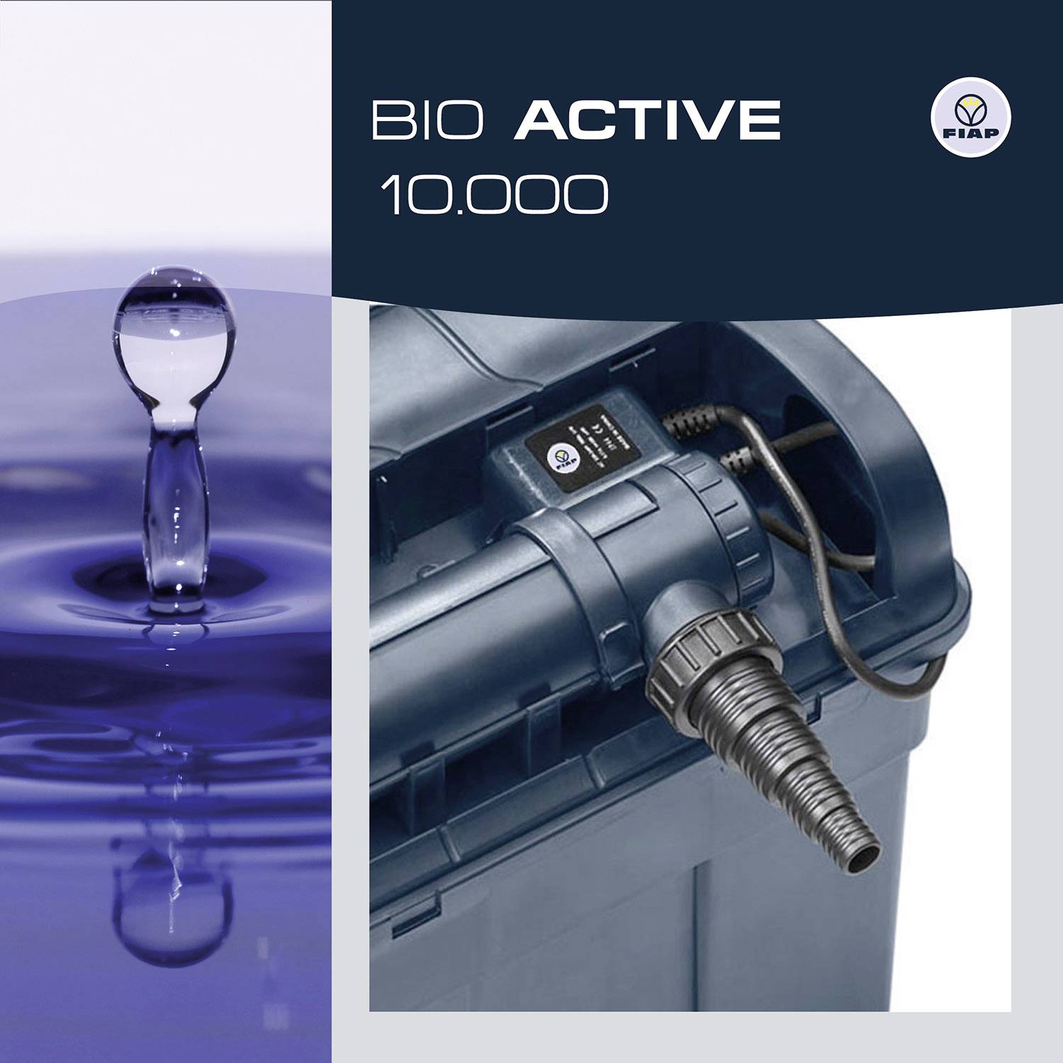 Ein Wasserfiltergerät mit der Aufschrift 'BIO ACTIVE 10.000' und einem Wassertropfen, der auf einer Wasseroberfläche aufprallt.
