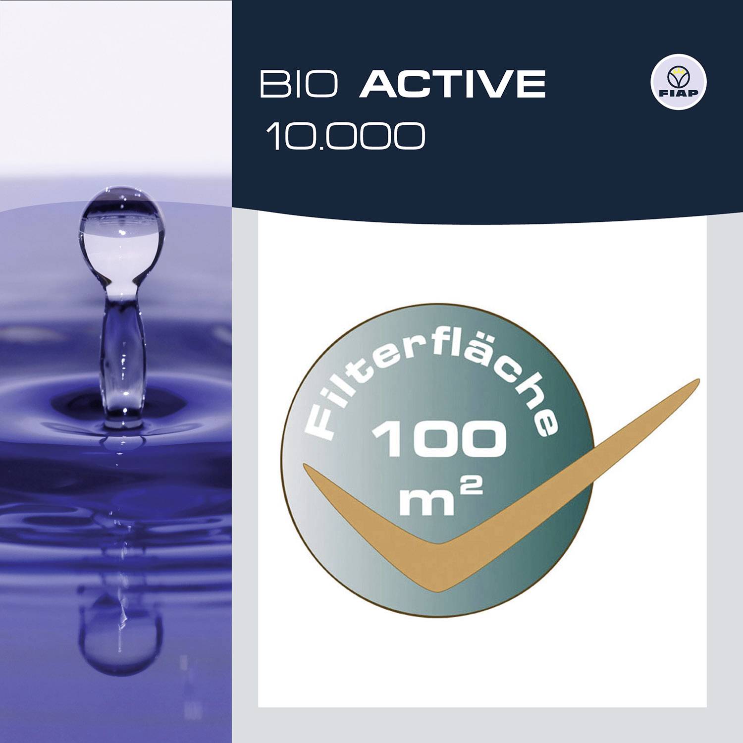 Wassertropfen fällt ins Wasser. Logo mit Text: 'Filterfläche 100 m²'.