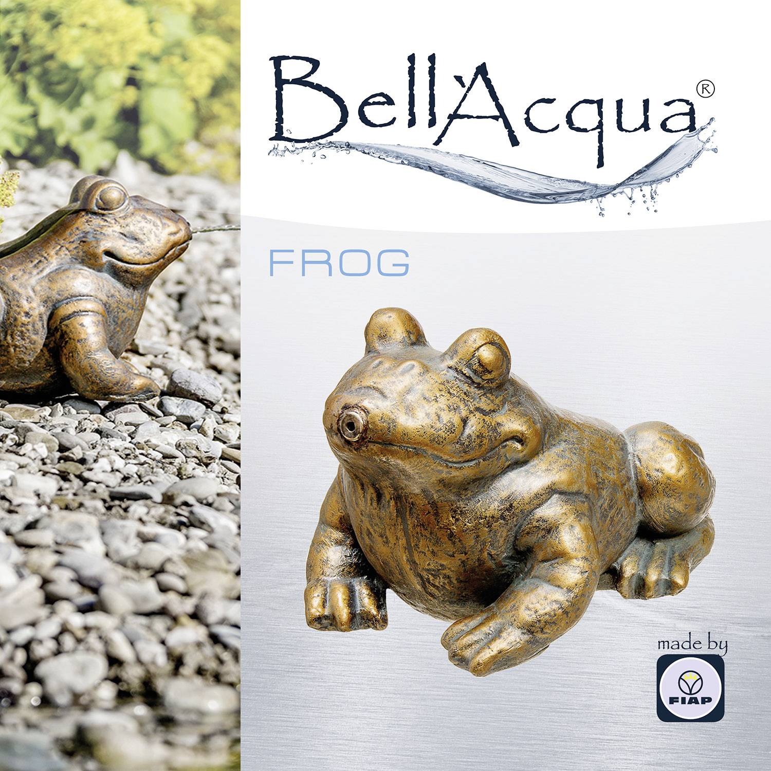 'Bell Acqua' Logo oben, metallene Froschfigur rechts auf Steinen, umgeben von Pflanzen. Text 'FROG'.