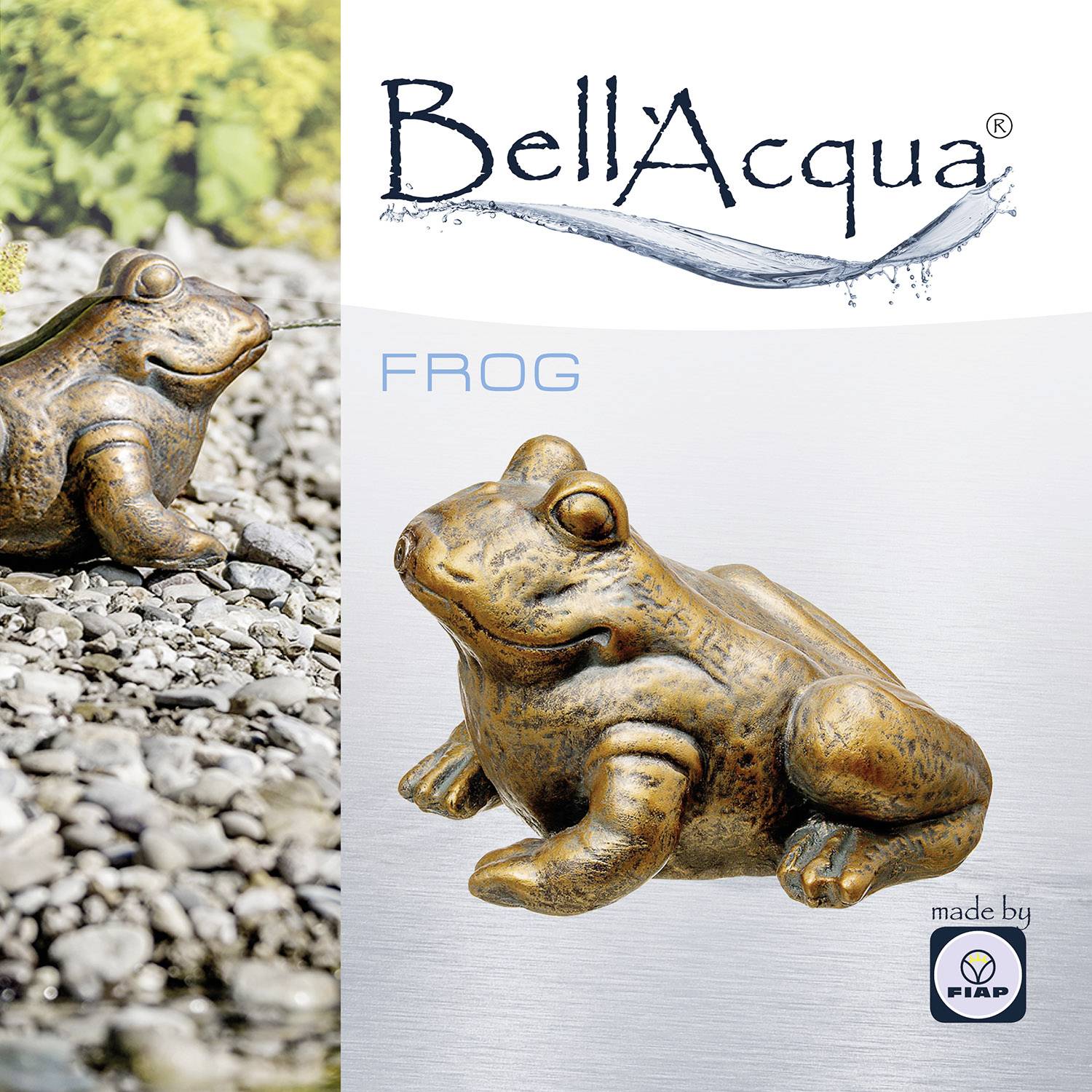 'BellAcqua Frog' aus Metall, positioniert auf Kieselsteinen. Logo und Hersteller 'FIAP' angezeigt. Dekorative Gartenskulptur.