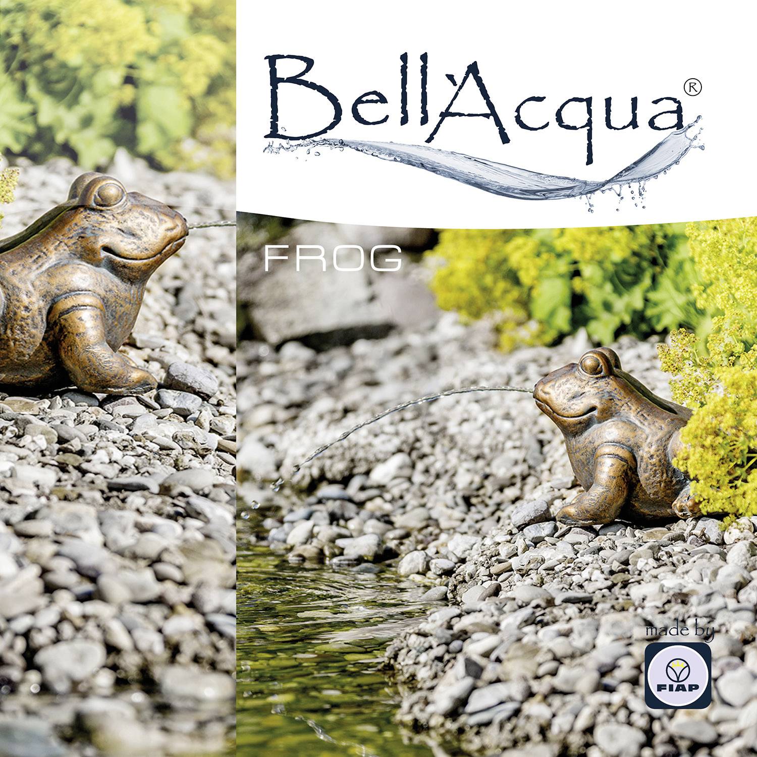 Steinfigur eines Frosches, der Wasser spuckt. Umgebung aus Kies und Pflanzen. Markenname 'BellAcqua'.