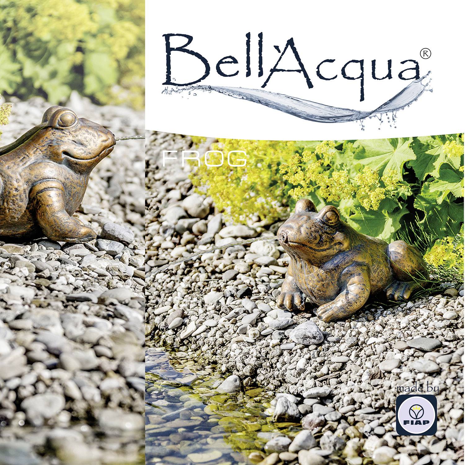 Bronzefigur eines Frosches sitzend auf Steinen neben gelben Blumen mit der Aufschrift 'Bell Acqua'.