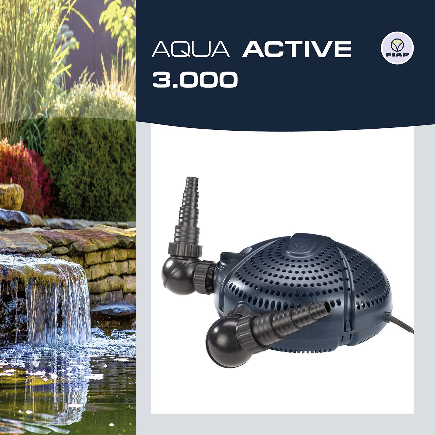Abbildung einer Aquapumpe Aqua Active 3000 von FIAP. Zeigt ein Wasserlauf mit grüner und roter Vegetation im Hintergrund.