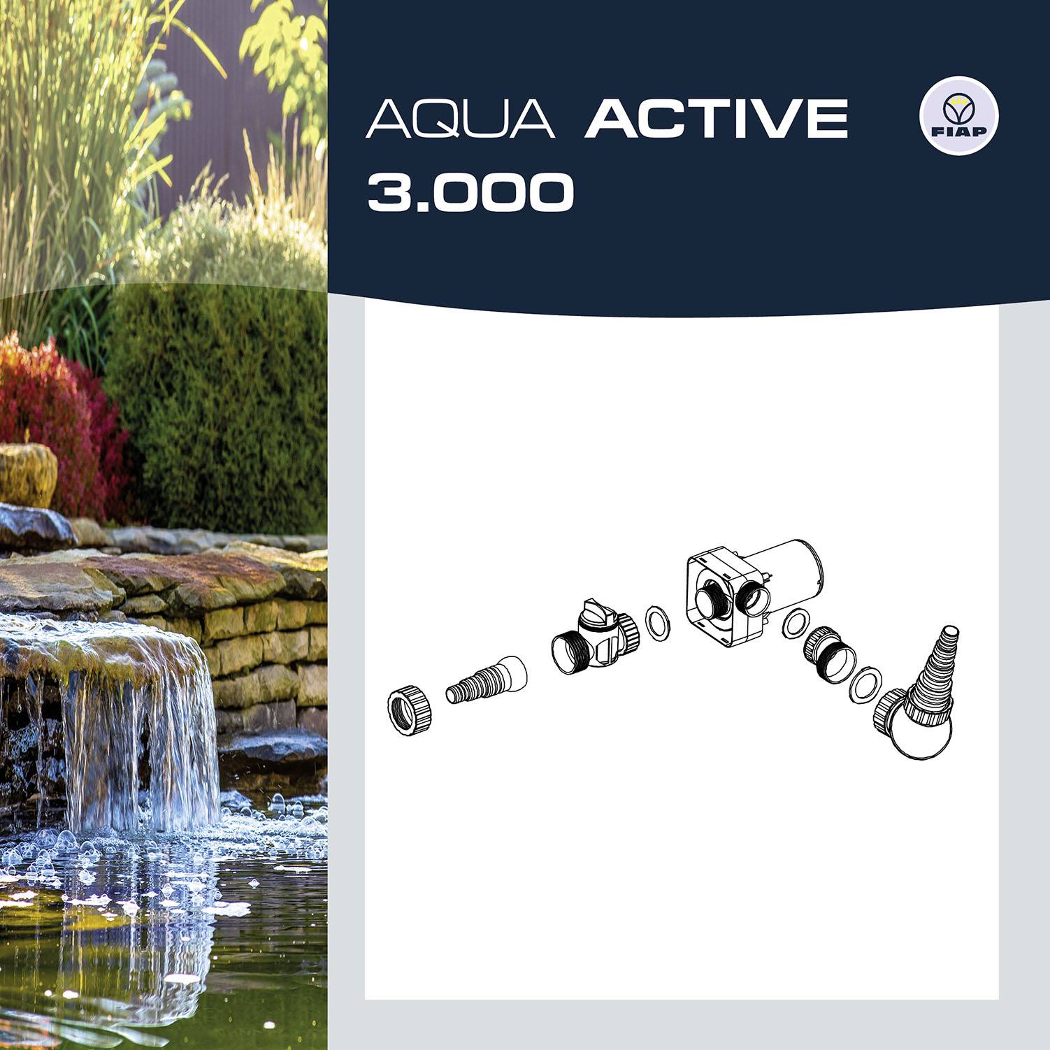 Wasserfall in einem Garten mit Pflanzen im Hintergrund. Rechts technische Zeichnungen und das Logo von FIAP mit dem Text: AQUA ACTIVE 3.000.