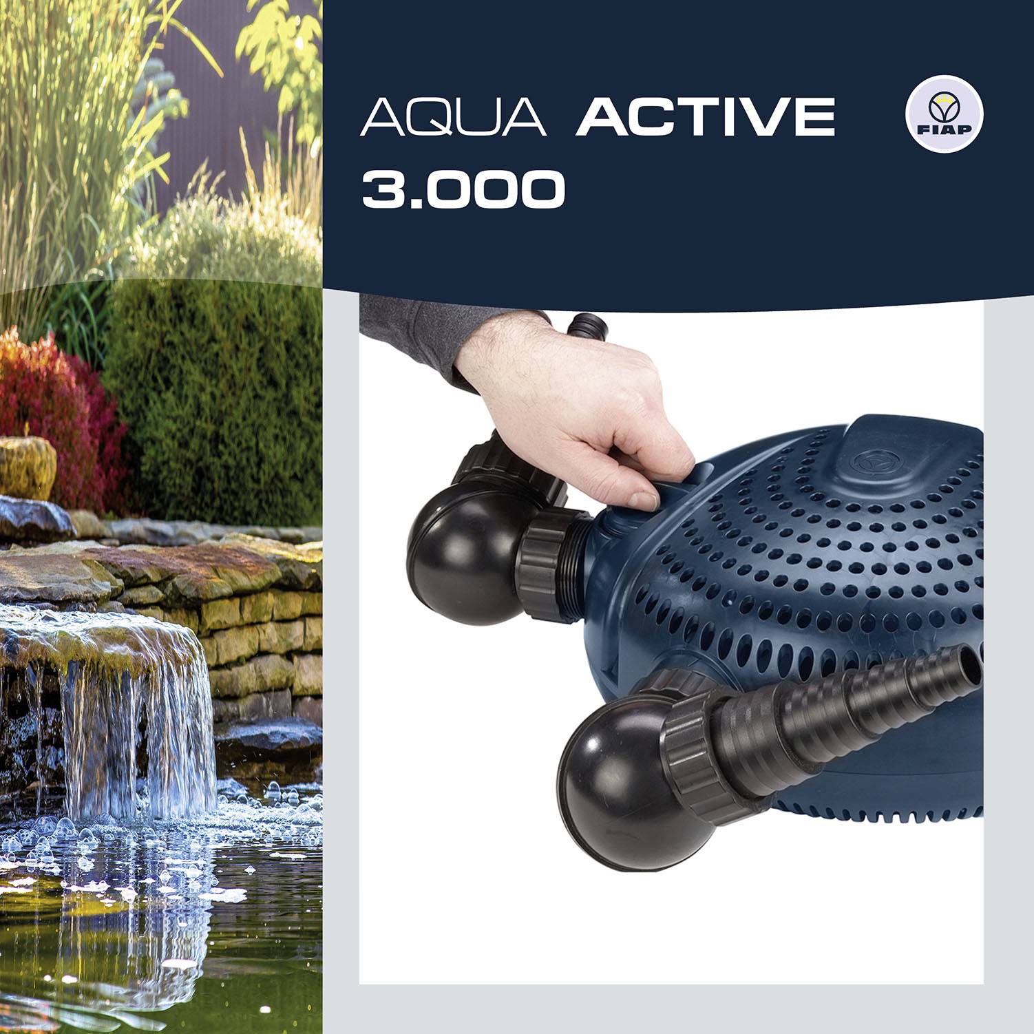 'FIAP Aqua Active 3.000' Teichpumpe neben einem dekorativen Wasserfall.