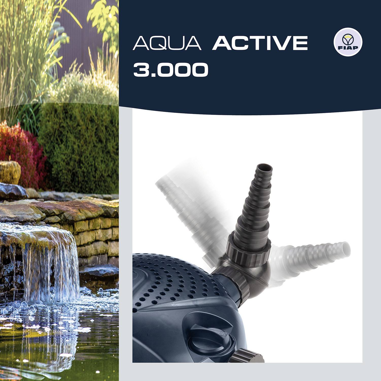 'Aqua Active 3.000' ist eine Wasserpumpe, die in einem Landschaftsbild mit einem Wasserfall und grüner Vegetation gezeigt wird.